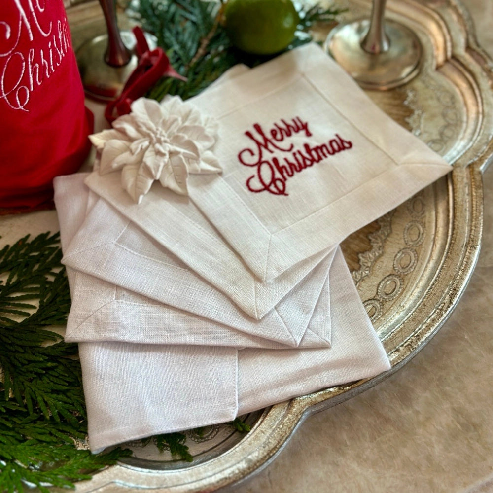 Merry Christmas Linen Cocktail Napkin Set (4)