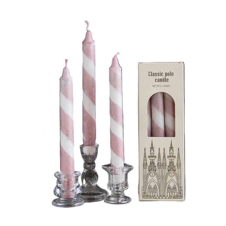 Set of Three 8" Pink & White Tapered Candles