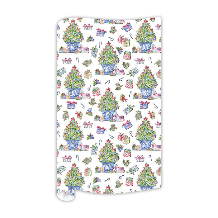 Handpainted Blue Christmas Tree Wrapping Paper