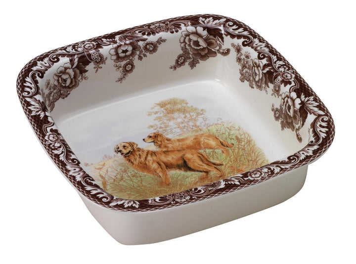 Golden Retriever Motif Woodland Square Rim Dish