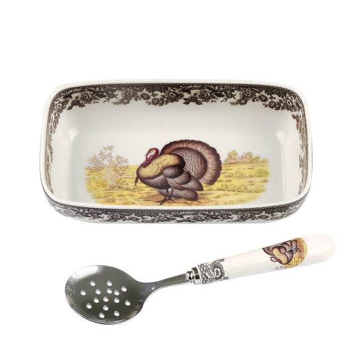 Turkey Motif Woodland Cranberry Dish & Spoon